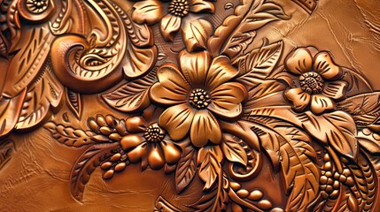 A top-down view of a tooled leather picture frame with white stitching, which is illustrated in color.