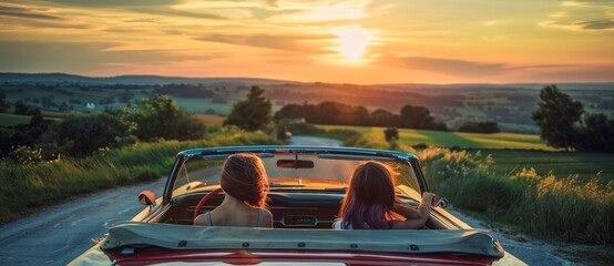 Couple driving convertible car on holiday trip vacation at beautiful sunset. Stock photo.