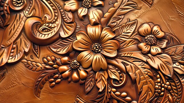 A top-down view of a tooled leather picture frame with white stitching, which is illustrated in color.