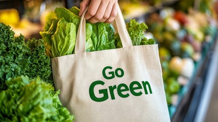 Canvas tote bag with text "Go Green" printed in eco-friendly ink sustainable living reusable bag environmental awareness