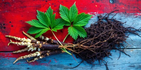 Naklejka premium Roots of black cohosh, a natural remedy for women's health, lying on a rustic wooden table, surrounded by green leaves, with negative space for text or design.