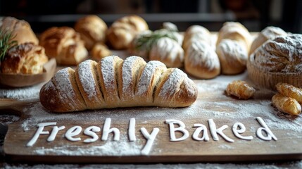 Bakery counter with text "Freshly Baked" written in flour on a wooden cutting board artisan baking bread pastries food photography