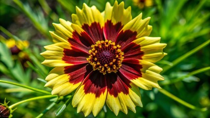 Obraz premium Delicate Coreopsis flower with intricate yellow petals and dark center isolated on transparent background, showcasing its elegant and refined natural beauty.