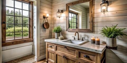 modern farmhouse bathroom touchless faucet rustic wooden sink vanity shiplap wall distressed finish antique bronze fixtures soft natural light cozy atmosphere