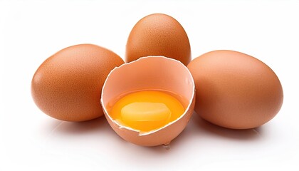  Chicken eggs and half broken egg with yolk isolated on white background