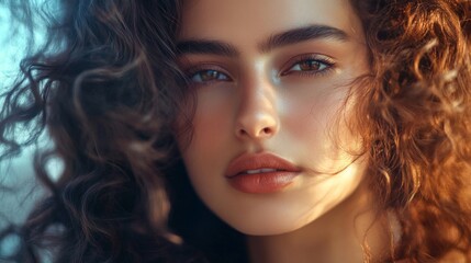 Fototapeta premium Close-up of a woman with elegant, cascading curls styled in loose waves, showcasing the texture and shine of her beautiful hair.