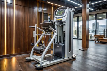Fototapeta premium State-of-the-art cardio machine with vertical climbing motion and adjustable intensity stands alone in a spacious, clean, and well-lit gym with modern equipment surrounding it.