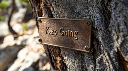 Mountain trail sign with text "Keep Going" etched into a metal plaque hiking motivation outdoor adventure scenic photography