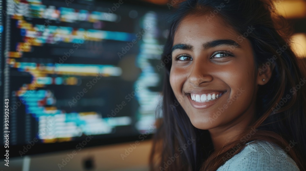 Poster a smart indian female it developer programmer is working at the office with a laptop as she works on