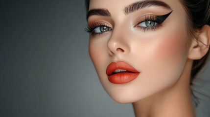 Fototapeta premium Close-up of a woman with flawless makeup, showcasing perfectly blended foundation, bold eyeliner, and vibrant lipstick, highlighting her elegance and style.