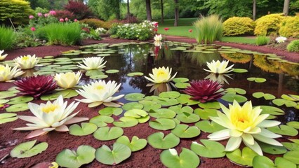 Serene and tranquil scene of a lush garden pond surrounded by vibrant greenery, featuring beautiful blooming water lilies in shades of white and yellow.