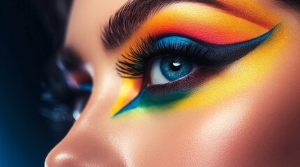 Close-up of a woman with vibrant, artistic makeup, featuring colorful eyeshadow and eyeliner, demonstrating creativity and boldness in her beauty look.