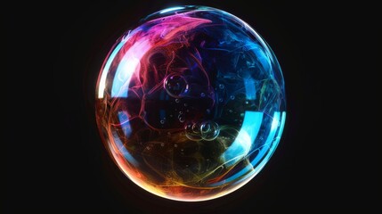 Glass bubble with holographic effect on black background. 3D render.