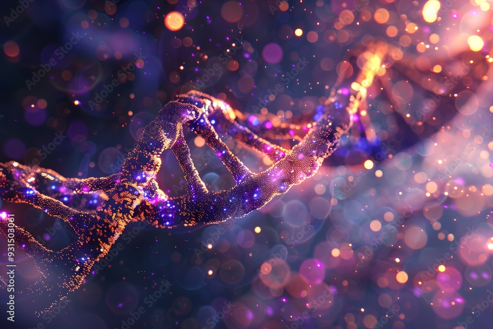 Aufkleber 3d render of a double helix dna structure, with glowing particles and a bokeh background