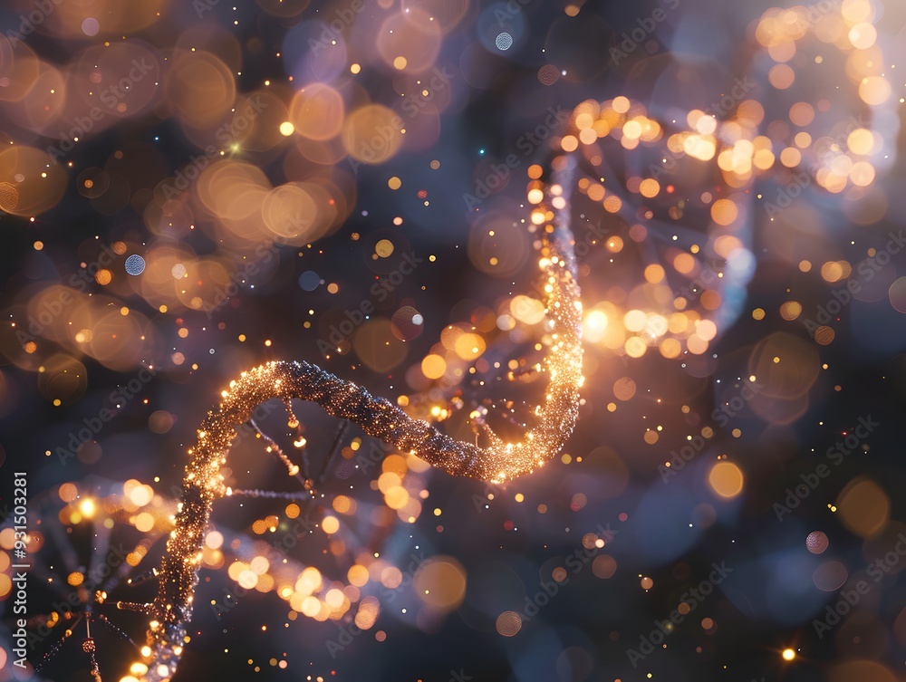 Aufkleber 3d render of a double helix dna structure, with glowing particles and a bokeh background