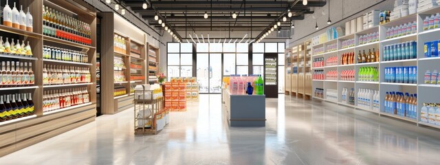 Modern Grocery Store Interior with Well-Organized Shelves and Products