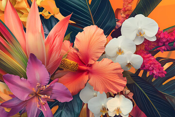 A vibrant arrangement of tropical flowers against a bright background.