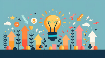 Naklejka premium Light bulb surrounded by upward arrows, idea-driven growth and progress