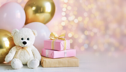 Baby shower de la naissance d'un bébé fille. Ours en peluche, ballon, cadeau et décoration de couleur rose pastel et doré 