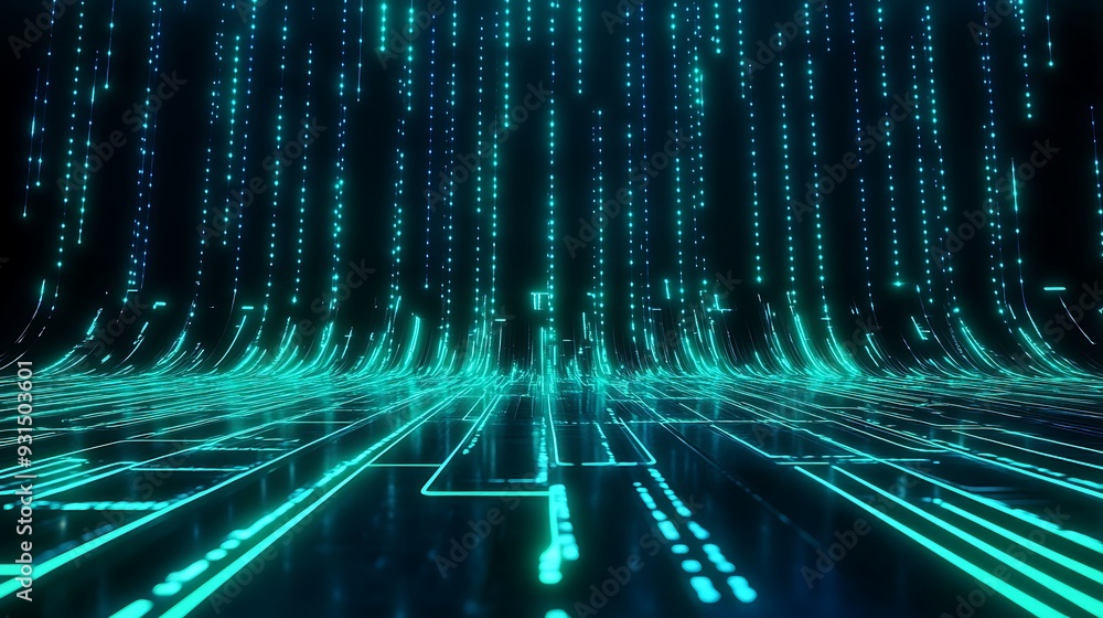 Poster abstract digital matrix background with glowing lines and numbers, representing data flow and futuri