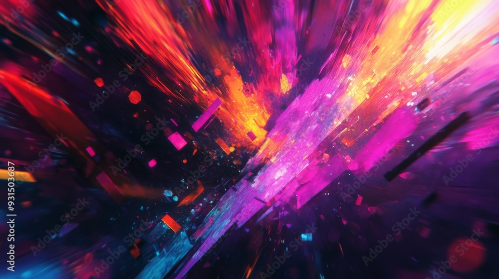 Poster close-up of an abstract background with a burst of bright, neon colors and geometric patterns, creat
