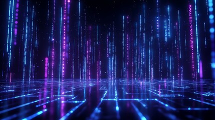 Abstract digital matrix background with neon lights, blue and purple lines forming a futuristic, high-tech, virtual data environment.