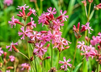 Vibrant pink Hampe's Catchfly flowers bloom in lush meadows, symbolizing summer's fertility, with delicate petals and slender stems swaying gently in the warm sunny breeze.