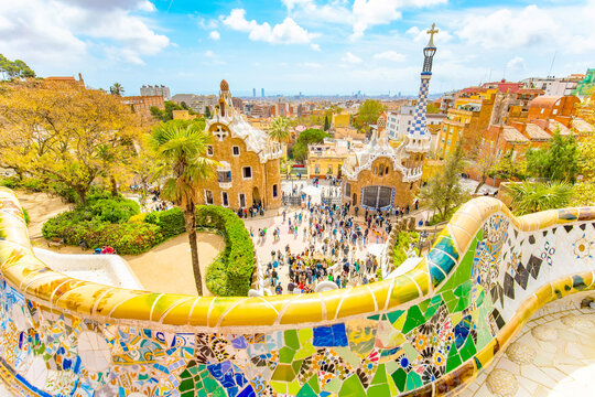 Barcelona city skyline, view from Park G&uuml;ell, Spain travel photo