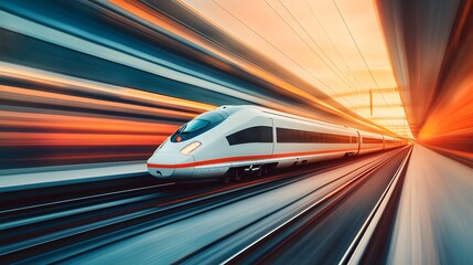 A state-of-the-art high-speed electro train with a streamlined silhouette, racing along a clean, modern track, with vibrant motion blur and a minimalist white background, reflecting a high-tech and