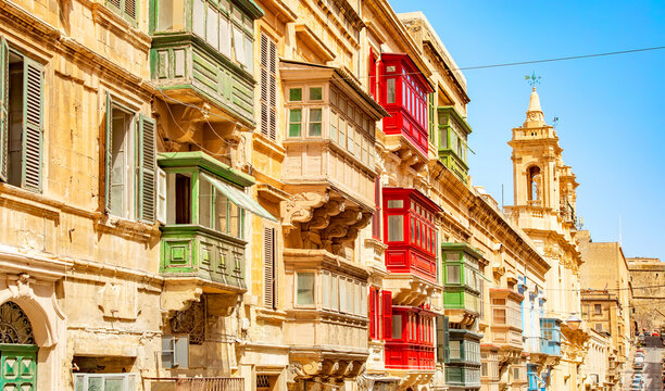Valletta old town and traditional Maltese colorful balconies, Malta