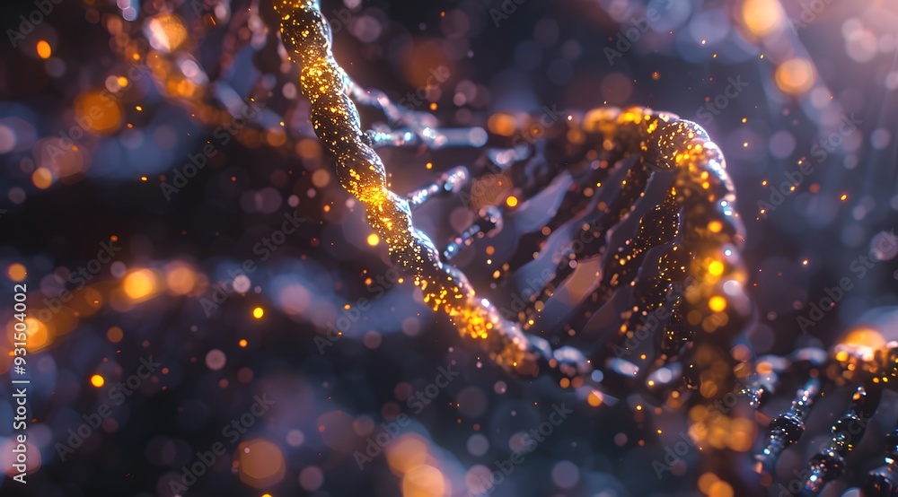 Aufkleber 3d render of a double helix dna structure, with glowing particles and a bokeh background