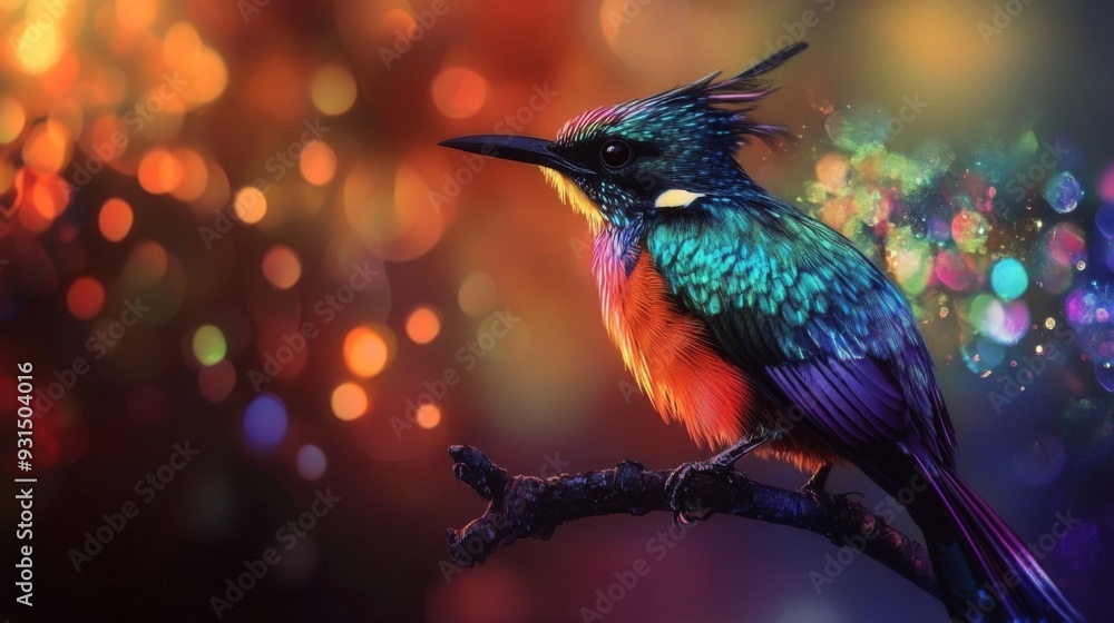 Poster Close-up of an elegant bird with striking feathers, perched on a branch, with a dazzling background of abstract lights creating a vibrant and artistic effect.