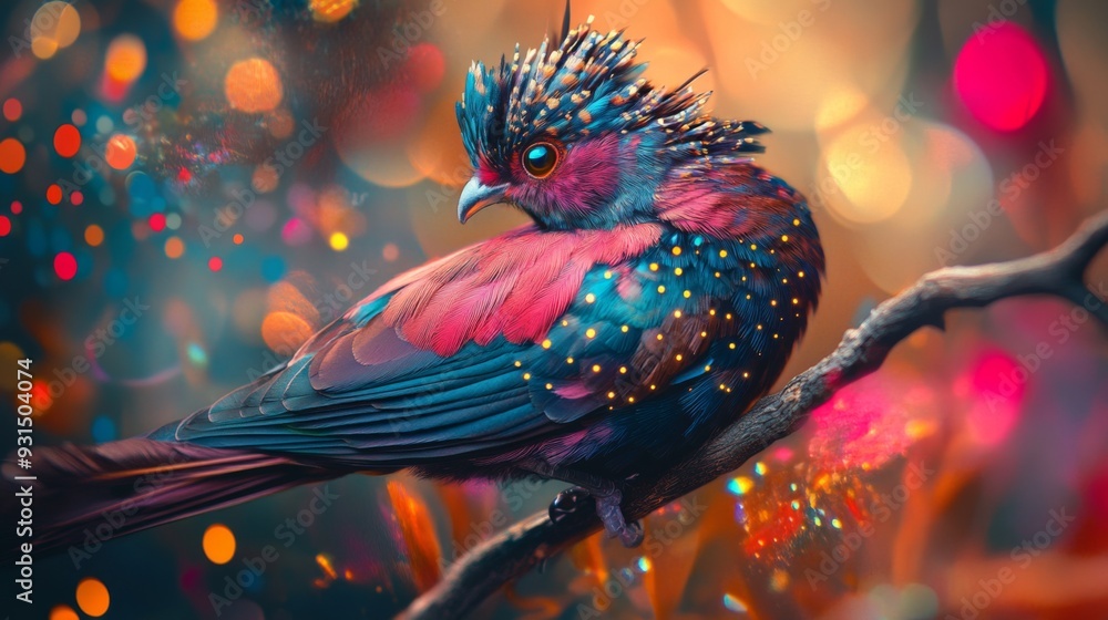 Poster Close-up of an elegant bird with striking feathers, perched on a branch, with a dazzling background of abstract lights creating a vibrant and artistic effect.