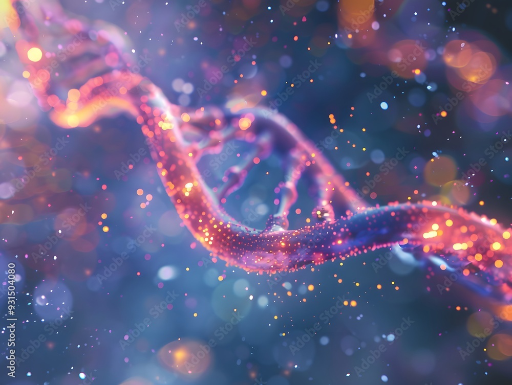 Aufkleber 3d render of a double helix dna structure, with glowing particles and a bokeh background