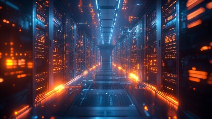 Advanced AI Data Center: A futuristic data center with glowing servers and holographic interfaces, representing advanced AI technology.
