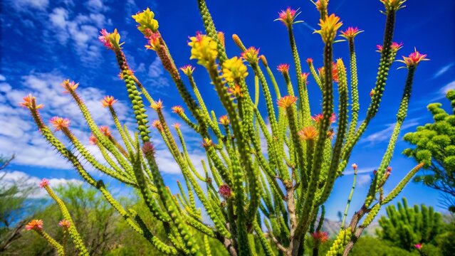 Vibrant pink and yellow ocotillo flowers bloom amidst dense, spiky branches, set against a bright blue sky with wispy clouds in the arid southwestern landscape.
