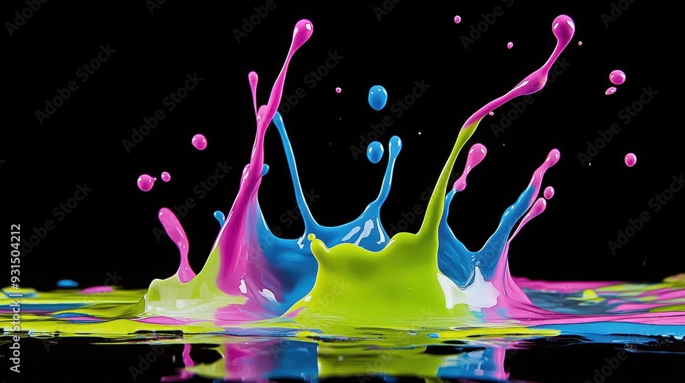 Poster vibrant splashes of paint creating a dynamic visual effect against a black background.