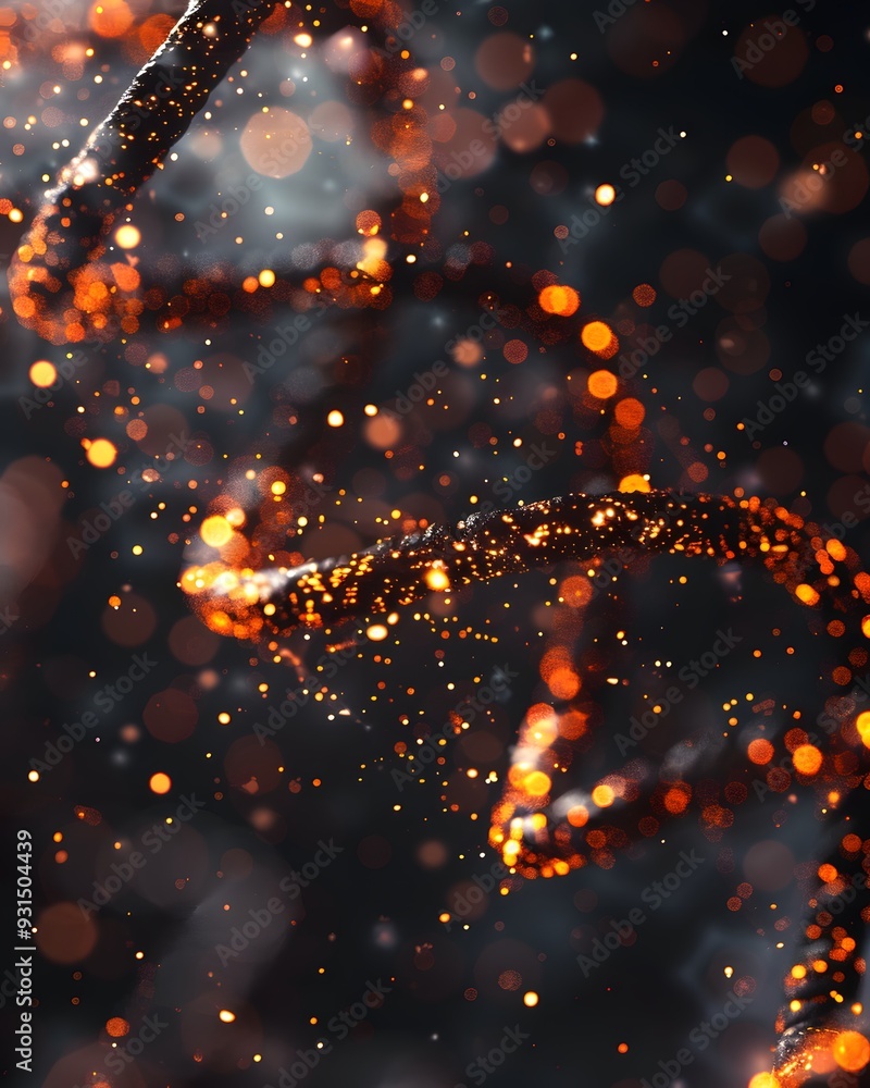Poster 3d render of a double helix dna structure, with glowing particles and a bokeh background