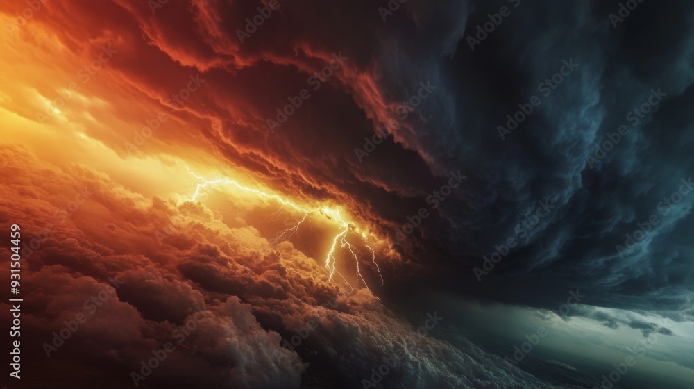 Poster close-up of dark, menacing storm clouds forming on the horizon, with lightning streaking through and