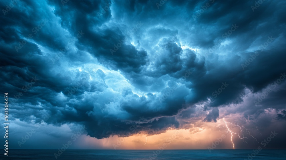 Poster close-up of dark, menacing storm clouds forming on the horizon, with lightning streaking through and