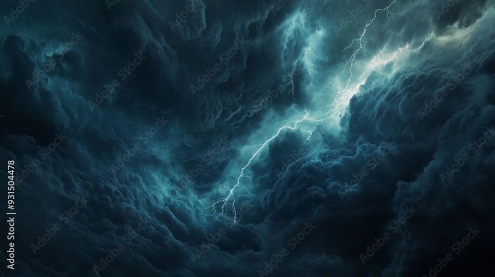 Poster close-up of dark, menacing storm clouds forming on the horizon, with lightning streaking through and