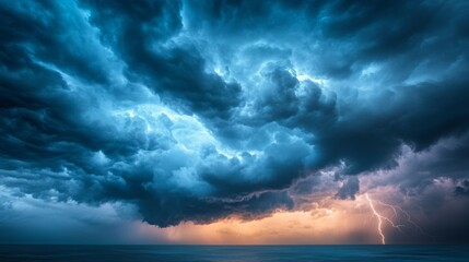 Obraz premium Close-up of dark, menacing storm clouds forming on the horizon, with lightning streaking through and a dramatic contrast against the sky.