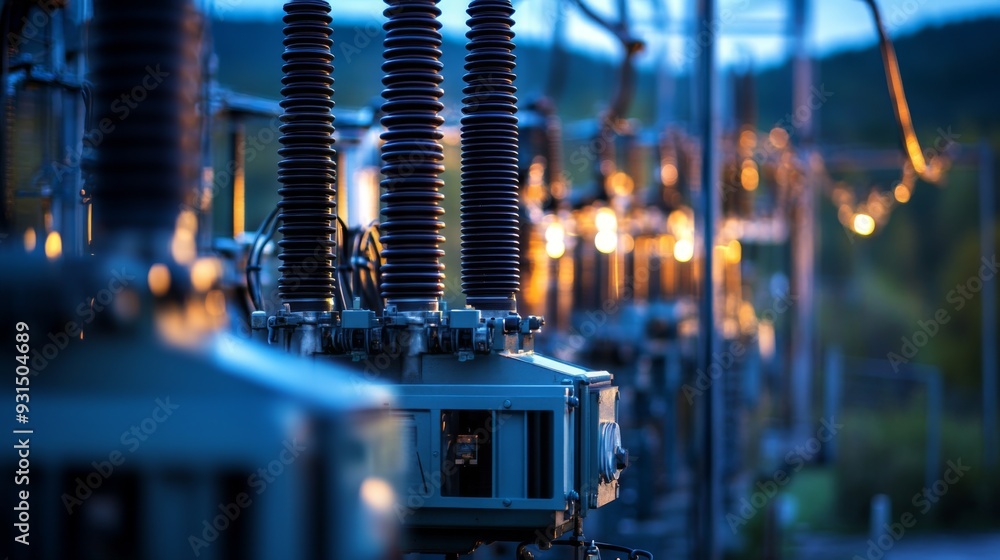 Poster close-up of electrical transformers and high-voltage equipment at a power plant, focusing on the hea