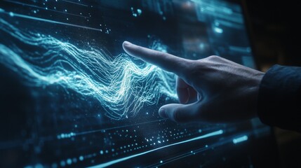 Close-up of electric waves on a futuristic touchscreen, showing how technology interacts with energy and power management systems.