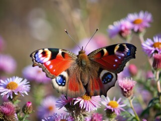 Vibrant peacock butterfly Aglais io perched on a bed of colorful meadow flowers, its striking eyespots shining against a soft, sunny background with ample copyspace.