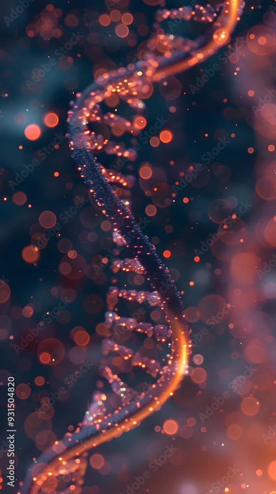 Aufkleber 3d render of a double helix dna structure, with glowing particles and a bokeh background