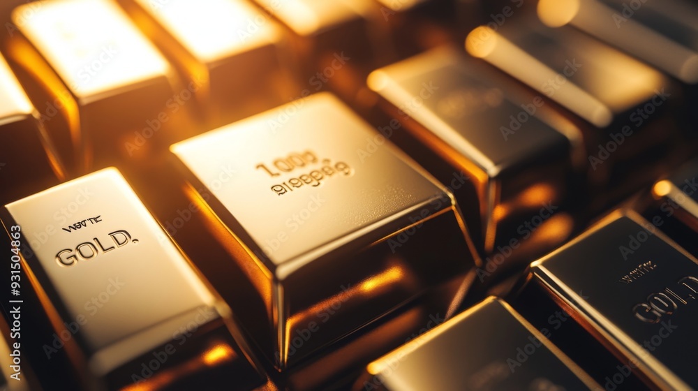 Poster close-up of gleaming gold bars stacked neatly, reflecting light and showcasing their bright, polishe