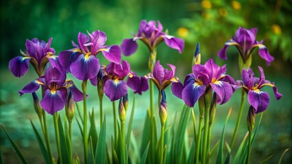 Vibrant purple Japanese Iris blooms sway gently in the early summer breeze, set against a soft focus green background with ample copyspace for text overlay.