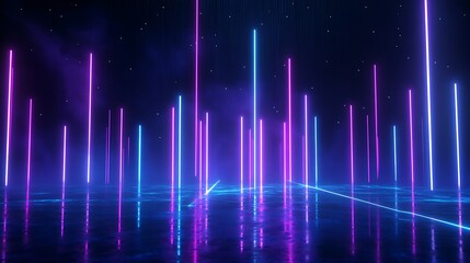 Abstract futuristic neon light lines in a dark space glowing in blue and purple colors, creating a vibrant and immersive digital landscape.