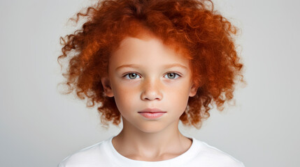 Portrait of a happy smiling Afro-American red-haired boy child with long hair and perfect skin, white background, banner.
